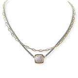 104827, 14K GOLD PLATED, SQUARE MICRO PAVE DOUBLE LAYERED DESIGNER INSPIRED NECKLACE