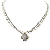 104828, 14K GOLD PLATED, CLOVER MICRO PAVE DOUBLE LAYERED DESIGNER INSPIRED NECKLACE