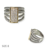 104944, TWO TONE 14K GOLD PLATED, RECTANGLE MICRO PAVE CUBIC ZIRCONIA DESIGNER INSPIRED RING