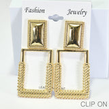96192, 3"L, GEOMETRIC SQUARE TEXTURED METAL CLIP ON EARRING