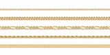 Five gold chain types side by side — cable, curb, figaro, rope, herringbone