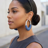 113056, BOHEMIAN RIBBED METALLIC AND DENIM JEAN HOOP STATEMENT EARRINGS