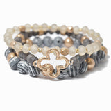 100155, MULTI LAYERED CUTOUT CLOVER ACCENT BEAD STRETCH BRACELET