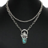 100182, WESTERN HORSE TURQUOISE STONE DOUBLE LAYERED NECKLACE