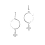 100207, DAINTY CROSS CHARM HAMMERED METAL EARRING