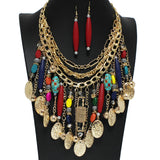 100238, MULTI LAYERED RHINESTONE WOOD CHARM STATEMENT NECKLACE