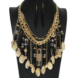 100238, MULTI LAYERED RHINESTONE WOOD CHARM STATEMENT NECKLACE