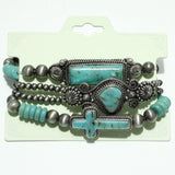100308SILVER BURNISHED/TURQUOISE WESTERN NAVAJO BEADED MULTI LAYERED STRETCH BRACELET