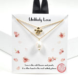 100412, GOLD DIPPED, "UNLIKELY LOVE"DAINTY FRESHWATER PEARL & FLOWER DOUBLE LAYERED NECKALCE