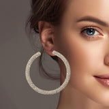 100570, 3 LINES CRYSTAL RHINESTONE ROUND LARGE HOOP EARRING