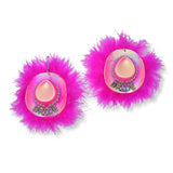 100601, "BRIDE" WESTERN COWBOY HAT FEATHER RHINESTONE DANGLE EARRING