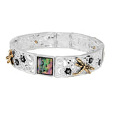 100613, DRAGONFLY & FLOWER ABALONE STRETCH BRACELET