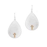 100759, DAINTY CROSS ACCENT HAMMERED TEARDROP DANGLE EARRING