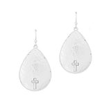 100759, DAINTY CROSS ACCENT HAMMERED TEARDROP DANGLE EARRING