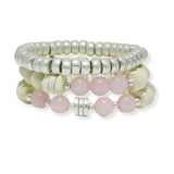 100816, MULTI LAYERED WOOD & SEMI PRECIOUS STONE BEADED STRETCH BRACELET