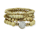 100917, DRUZY STONE MULTI LAYERED WOOD BEADED STRETCH BRACELET