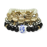 100919, BLUE FLORAL CERAMIC ACCENT MULTI LAYERED BEADED STRETCH BRACELET