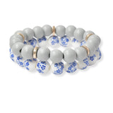 100921, BLUE FLORAL CERAMIC MULTI LAYERED WOOD BEADED STRETCH BRACELET