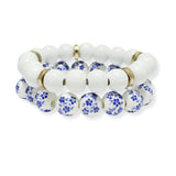 100921, BLUE FLORAL CERAMIC MULTI LAYERED WOOD BEADED STRETCH BRACELET