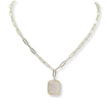 101058, 14K GOLD PLATED, DESIGNER INSPIRED GEOMETRIC CUBIC ZIRCONIA CHARM PAPERCLIP NECKLACE