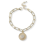 101065, 14K GOLD PLATED, DESIGNER INSPIRED ROUND STARBURST CUBIC ZIRCONIA PAPERCLIP BRACELET