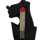 101092, CRYSTAL RHINESTONE LIPS LONG TASSEL EARRING