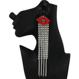 101092, CRYSTAL RHINESTONE LIPS LONG TASSEL EARRING