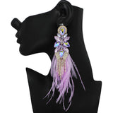 101093, RHINESTONE WITH FEATHER LONG EARRING