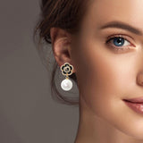 101192, ROSE FLOWER CUBIC ZIRCONIA ACCENT PEARL DANGLE EARRING