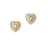 101312, GOLD DIPPED, HEART LOCK CUBIC ZIRCONIA STUD EARRING