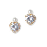 101317, GOLD DIPPED, HEART CUBIC ZIRCONIA PEARL STUD EARRING