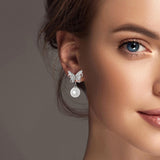 101318, GOLD DIPPED, BUTTERFLY CUBIC ZIRCONIA PEARL DANGLE EARRING