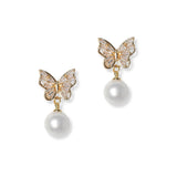 101318, GOLD DIPPED, BUTTERFLY CUBIC ZIRCONIA PEARL DANGLE EARRING