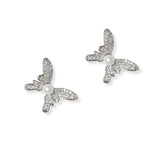 101319, WHITE GOLD DIPPED, BUTTERFLY CUBIC ZIRCONIA PEARL STUD EARRING