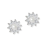 101322, GOLD DIPPED, PEARL ACCENT FLOWER CUBIC ZIRCONIA STUD EARRING