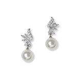 101329, WHITE GOLD DIPPED, CUBIC ZIRCONIA ACCENT PEARL DANGLE EARRING