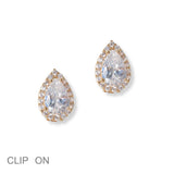 101331, GOLD DIPPED, TEARDROP CUBIC ZIRCONIA CLIP ON EARRING
