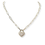 101444, 14K GOLD PLATED, HEART LOCK CUBIC ZIRCONIA PAPERCLIP NECKLACE