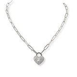 101444, 14K GOLD PLATED, HEART LOCK CUBIC ZIRCONIA PAPERCLIP NECKLACE