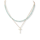 101547, CROSS CHARM DAINTY BEAD DOUBLE LAYERED NECKLACE