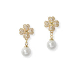 102000, GOLD DIPPED, CLOVER CUBIC ZIRCONIA PEARL DANGLE EARRING