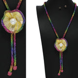 102062, FLOWER GLITTER RHINESTONE FLOWER TASSEL LONG NECKLACE