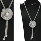 102062, FLOWER GLITTER RHINESTONE FLOWER TASSEL LONG NECKLACE