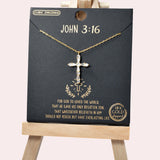 102083, GOLD DIPPED, "JOHN 3:16" CROSS CUBIC ZIRCONIA CHARM NECKLACE