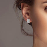 102092, WHITE GOLD DIPPED, FLOWER CUBIC ZIRCONIA STUD EARRING