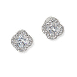 102093, WHITE GOLD DIPPED, CLOVER CUBIC ZIRCONIA STUD EARRING
