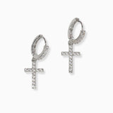 102290, CROSS CUBIC ZIRCONIA DANGLE HUGGIE HOOP EARRING