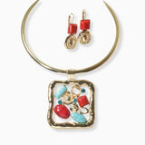 102350, GEOMETRIC TURQUOISE STONE WITH HAMMERED METAL CHOKER NECKLACE