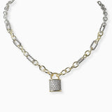 102376, 14K GOLD PLATED, LOCK CUBIC ZIRCONIA DESIGNER INSPIRED NECKLACE