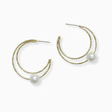102453, BRASS PEARL ACCENT CUTOUT HOOP EARRING